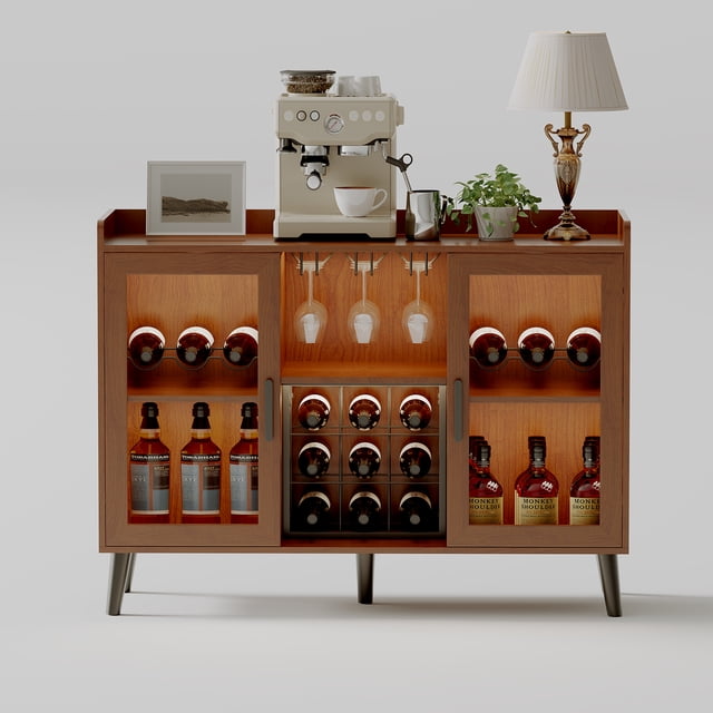 47 Inch Modern Wine Bar Cabinet with LED Lighting, Freestanding Sideboard Storage with Wine Racks and Glass Holders, Tempered Glass Doors for Living Room Kitchen Dining Room, Walnut Black