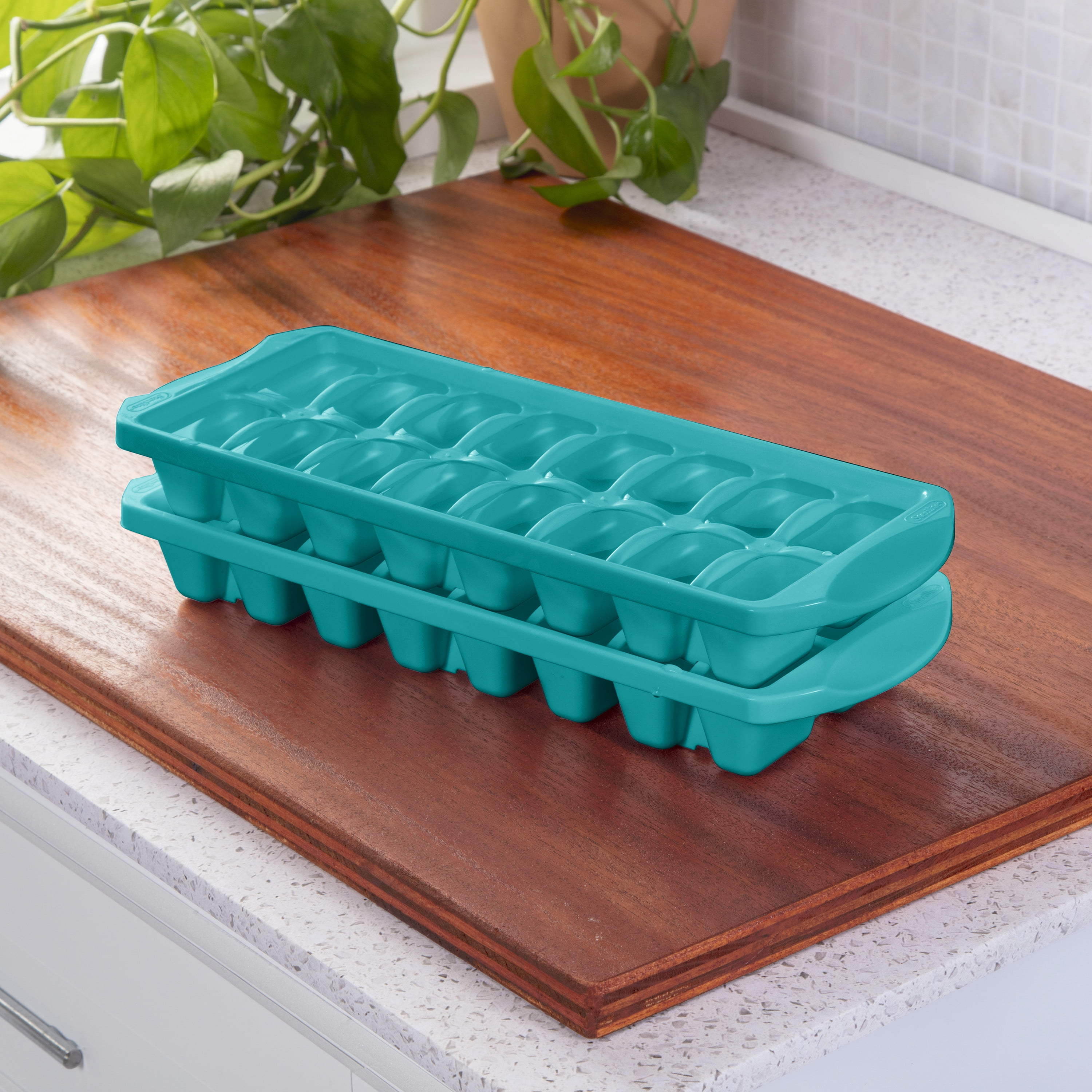 Sterilite, Ice Cube Tray, Set of Two Stacking Ice Cube Trays Plastic, Blue Atoll, plastic, perfect for chilled drink preparation.