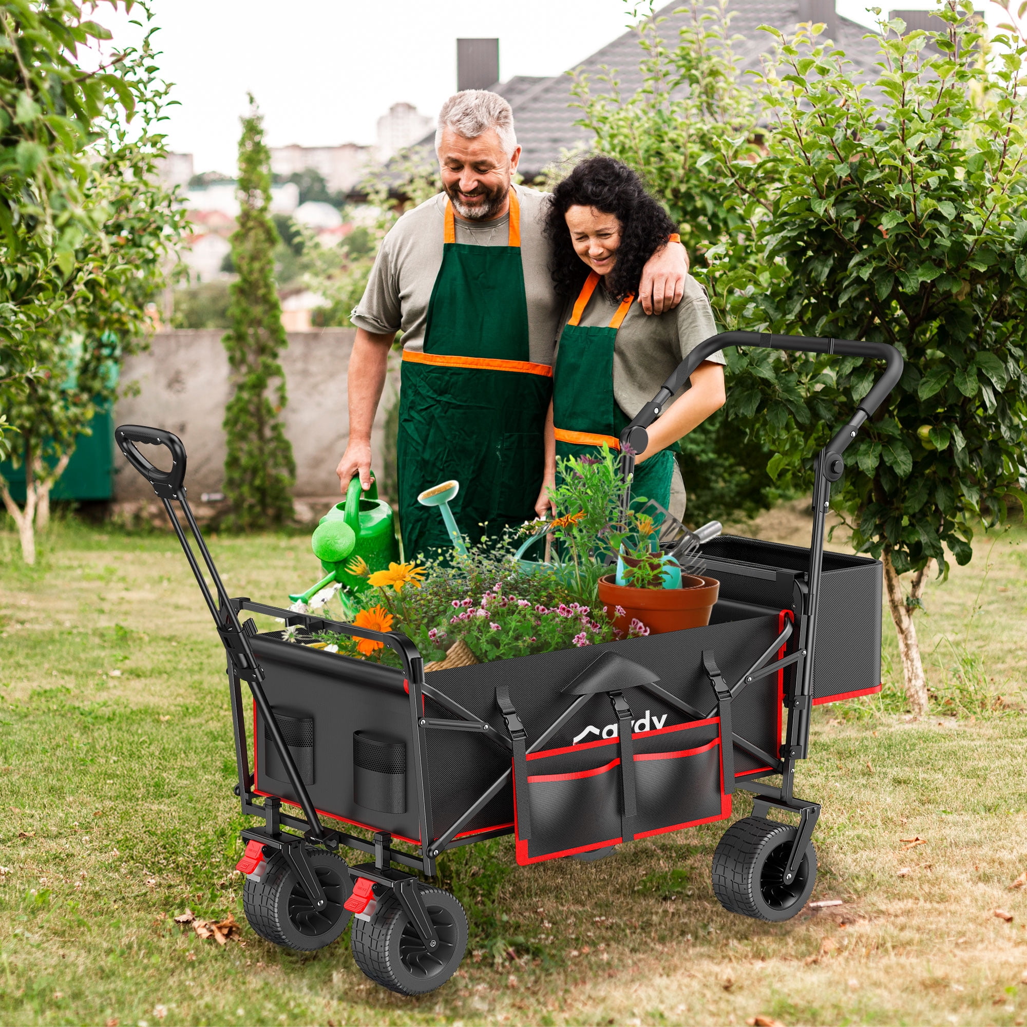 GVDV Collapsible Wagon Cart with Removable Canopy, Foldable Utility Cart with All-terrain Wheels, Versatile Folding Wagon for Kids, Grocery, Shopping and Camping, Black