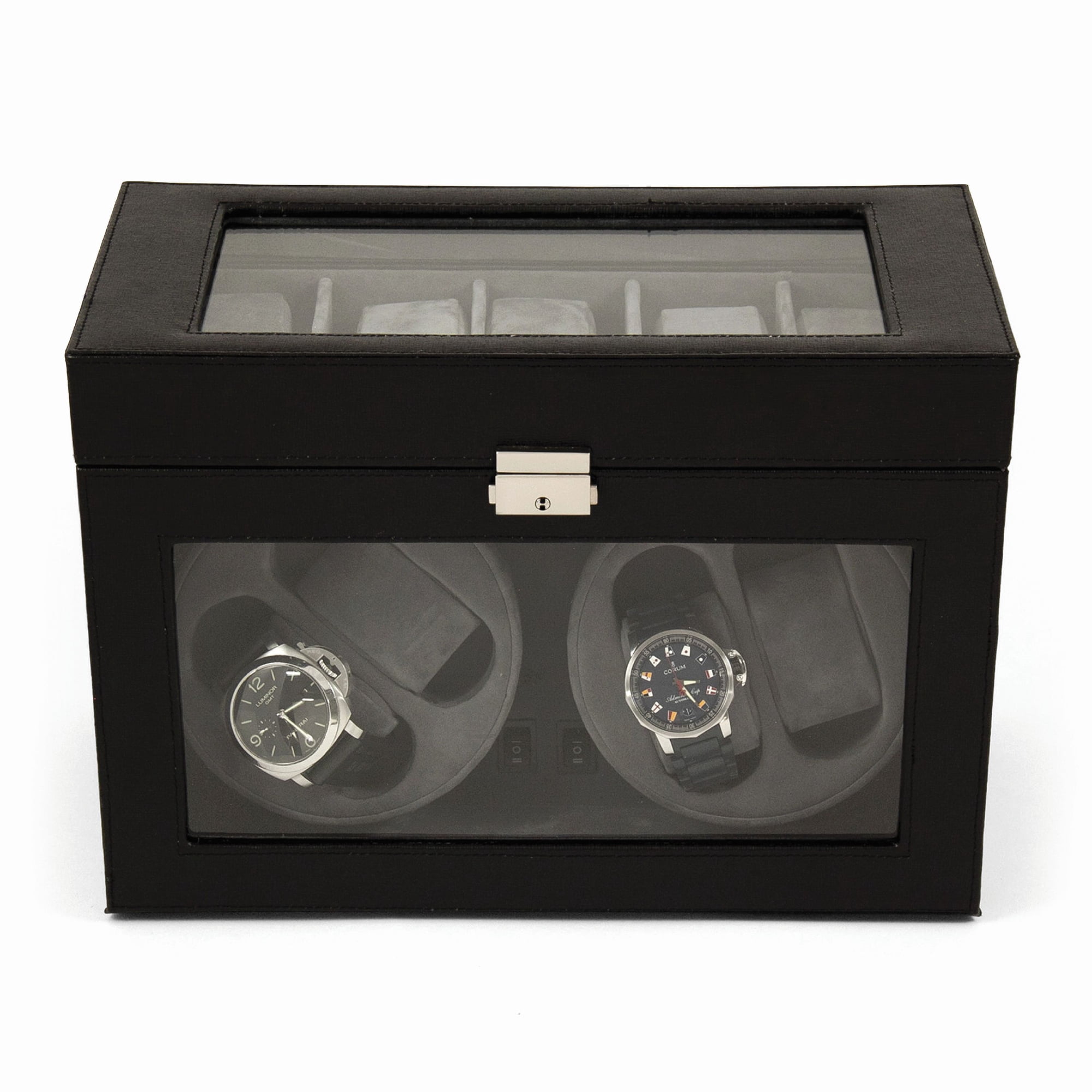 Black Leather Glass Top Four Watch Winder GM8740