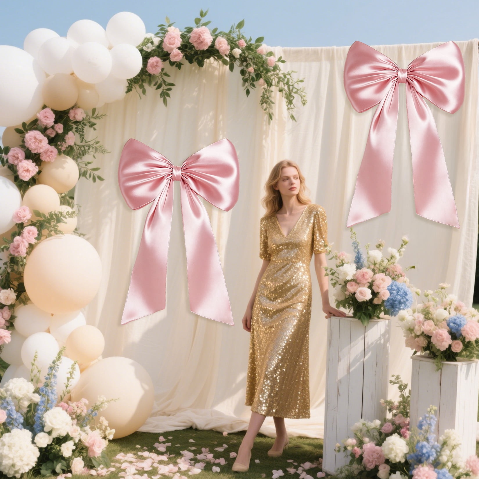 2 Pack Large Satin Bow Decorations 40 x 24 inch, Pre-Shaped Oversized Ribbon Bows for Wedding, Party, Gift Wrapping, Wall & Room Decor, Reusable, Pink