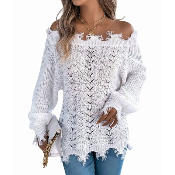 Women'S Solid Color Openwork Long-Sleeved Sweater, Off-Shoulder Knit Pullover White M