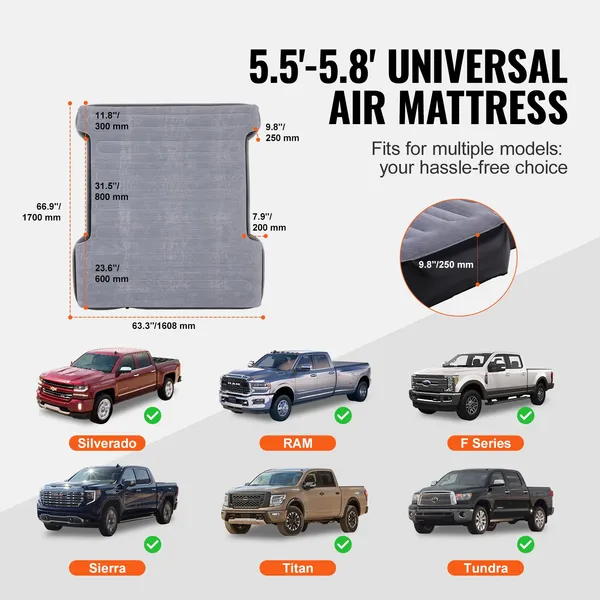 Truck Bed Air Mattress for 5.5 to 5.8 ft Short Beds Inflatable Camping Mattress with 12V Pump 2 Pillows Carry Bag Fits Silverado RAM F150 Sierra Titan Tundra