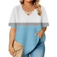thumbnail image 5 of Htigea Women's Plus Size Crisscross V Neck T-Shirts Color Block Short Sleeve Tunic Tops Summer Loose Fit Casual Tee Everyday Wear Sky Blue XXXL, 5 of 6