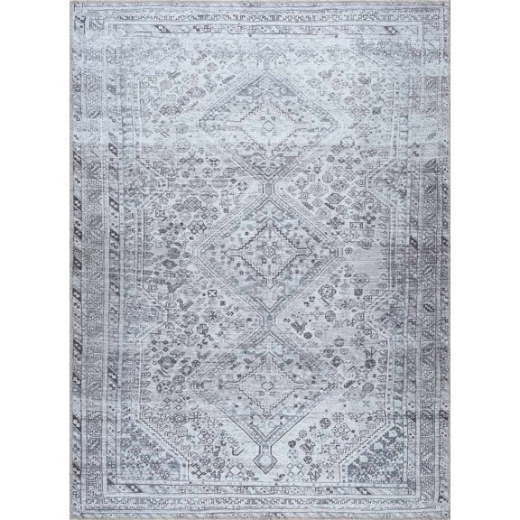 BoutiqueRugs Barny Traditional Area Rug - Machine Washable - Off White, Denim, Charcoal - 6'7" x 9'