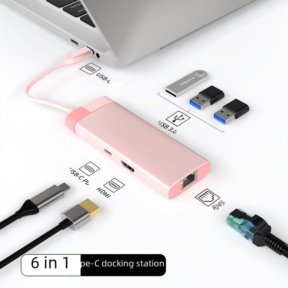 Estación de acoplamiento tipo C, concentrador USB, concentrador USB 3.0/RJ45, estación de acoplamiento Gigabit, color metal