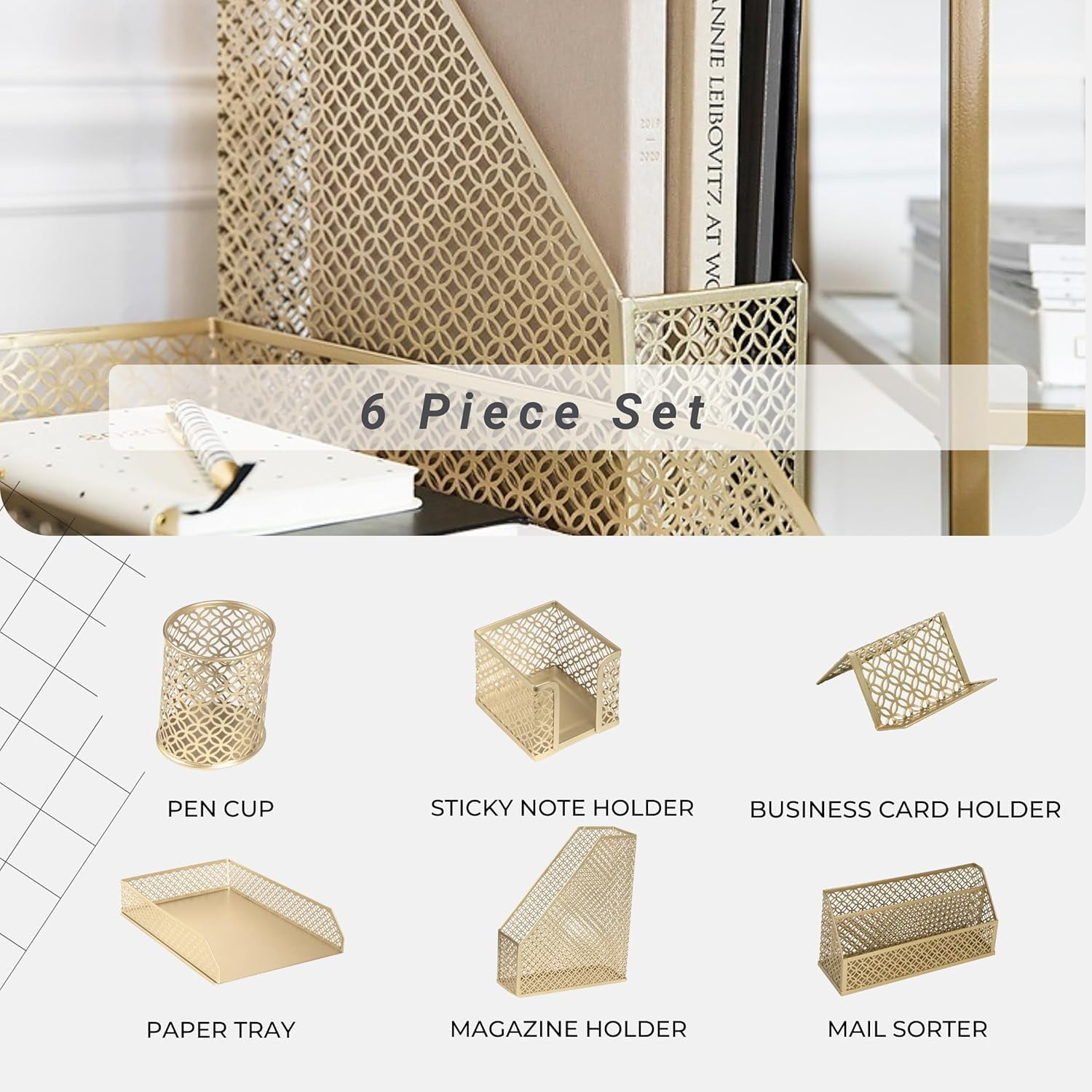 Gold Desk Organizer Set with Mail Sorter, Sticky Note Holder, Pen Cup, Magazine Holder, Letter Tray & Business Card Holder |   Stylish Desk Accessories for Home Office Décor
