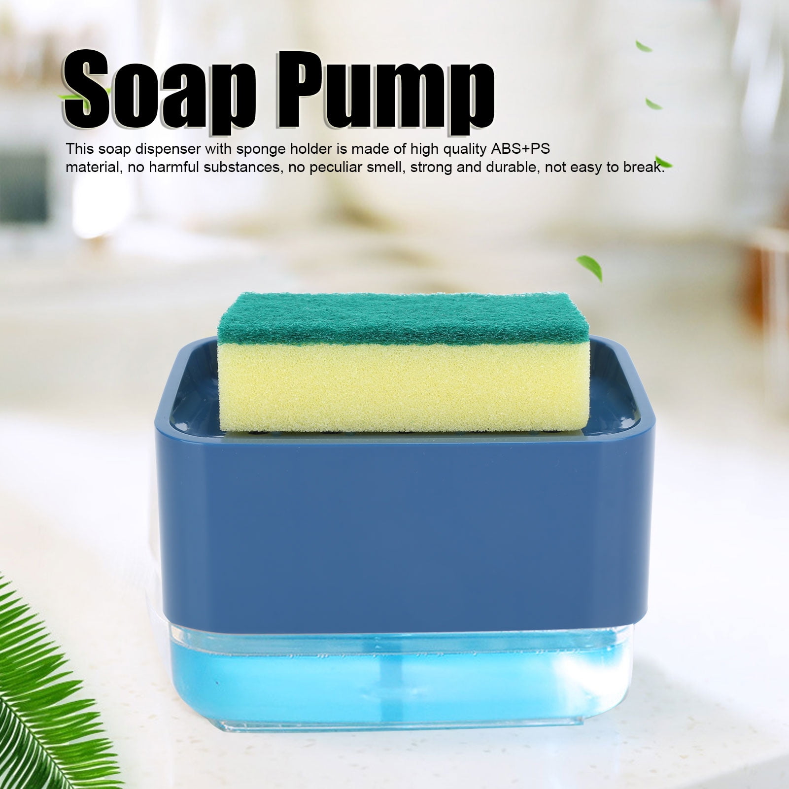 Blue Press-Type Soap Dispenser with Sponge Holder, 2-in-1 Kitchen Organizer