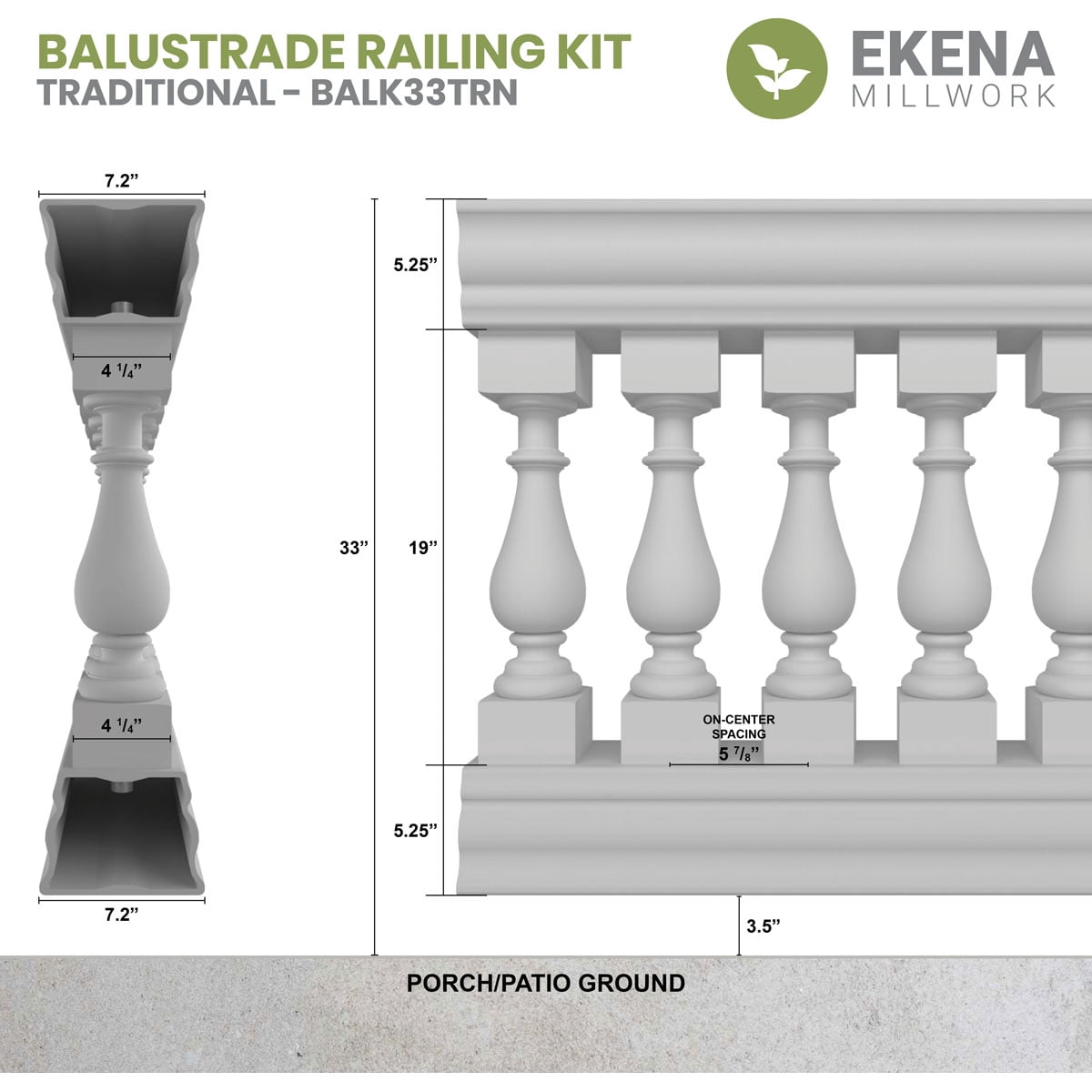 Ekena Millwork 33"H x 2'L Fiberthane Traditional Unassembled Balustrade Railing Kit, Style N (5 7/8" On-Center Spacing to Pass 4" Sphere Code)