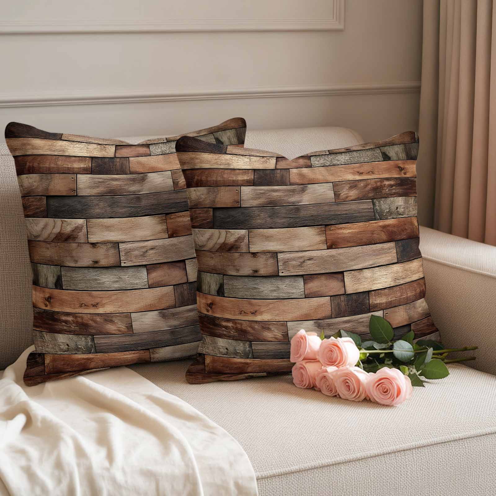 Brown Wood Grain Pillow Covers 2 Pack Farmhouse Vintage Wooden Board Patchwork Pillowcase Waterproof Outdoor Throw Pillow Cover for Patio Garden Square Cushion 18”x18”