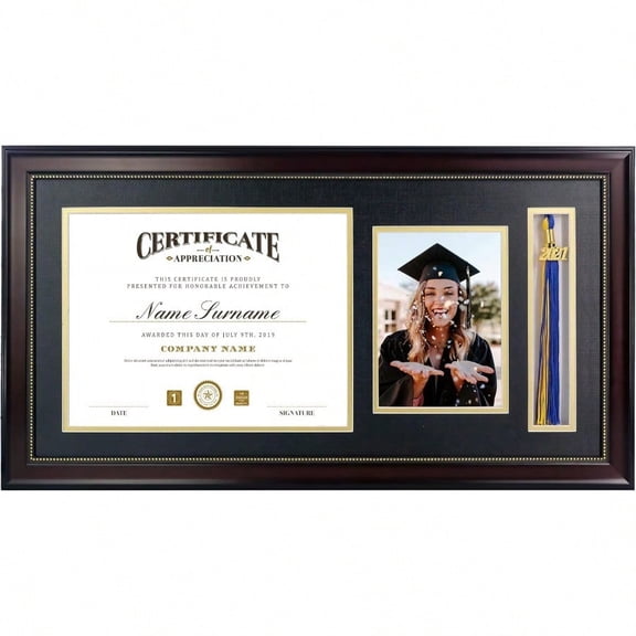 11x22 Diploma Picture Frame with Tassel Holder for 8.5x11 Document Certificate 5x7 Photo Mahogany Gold Rim with Double Mat Black Over Gold Tassel Shadow Box Real Glass