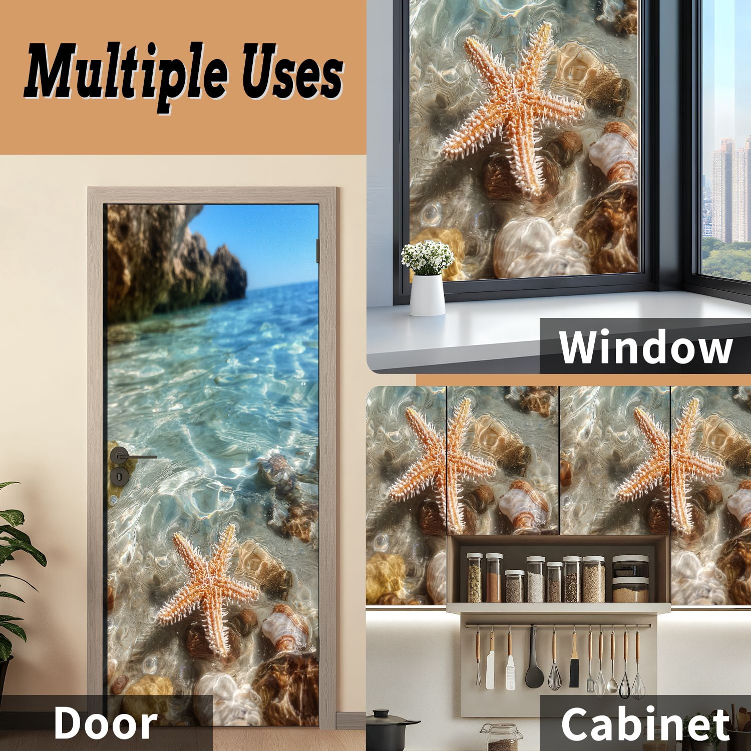 Self Adhesive Vinyl Refrigerator Wrap Set Starfish coral summer beach sea water Summer Door Mural Removable Fridge Sticker Peel and Stick&nbsp;Full Door Cover Decal Kitchen Bar Decor