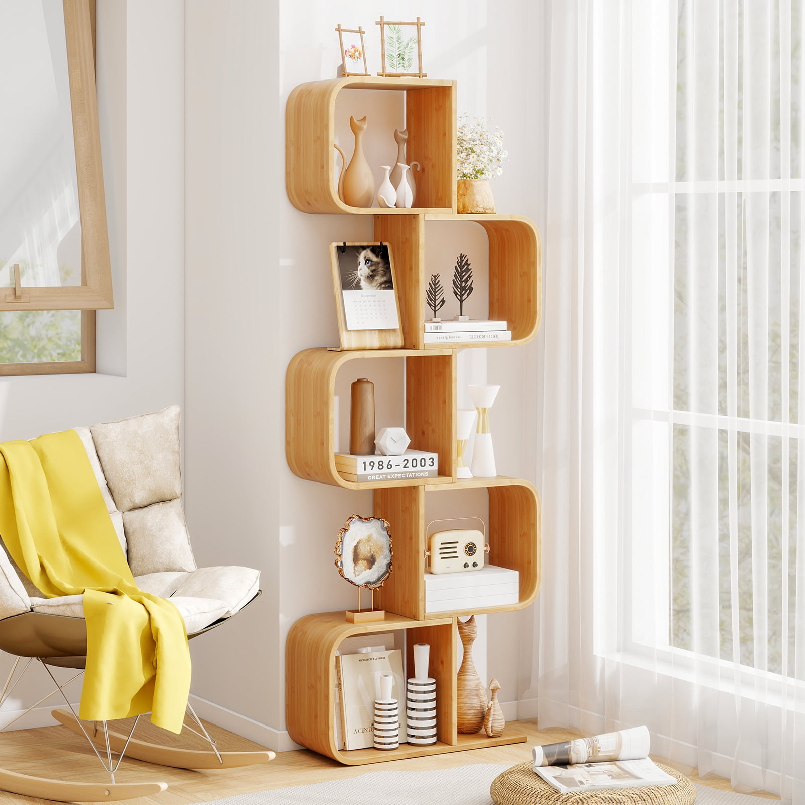 Gymax 5-Tier S-Shaped Bookcase w/ 5 Open Cubes Geometric Corner Display Shelf