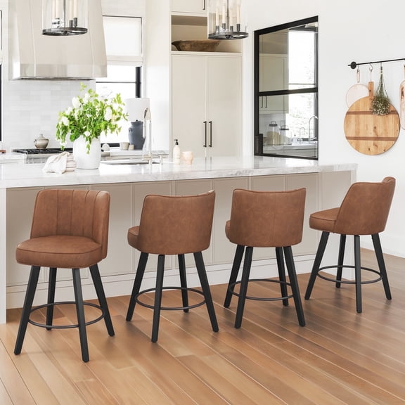 Dycanpo 26" Counter Height Bar Stools with Back Set of 4, Swivel Leather Barstool Upholstery for Kitchen, Brown