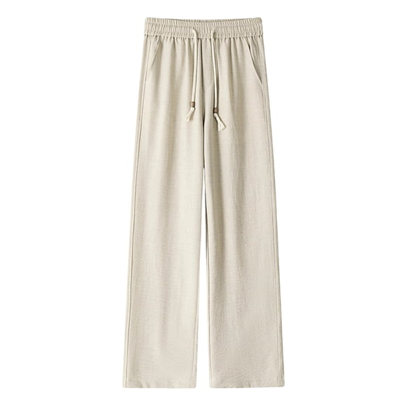 cocolona Mens Summer Casual Linen Pants Elastic Waist Straight Wide Leg Beach Pants with Pockets
