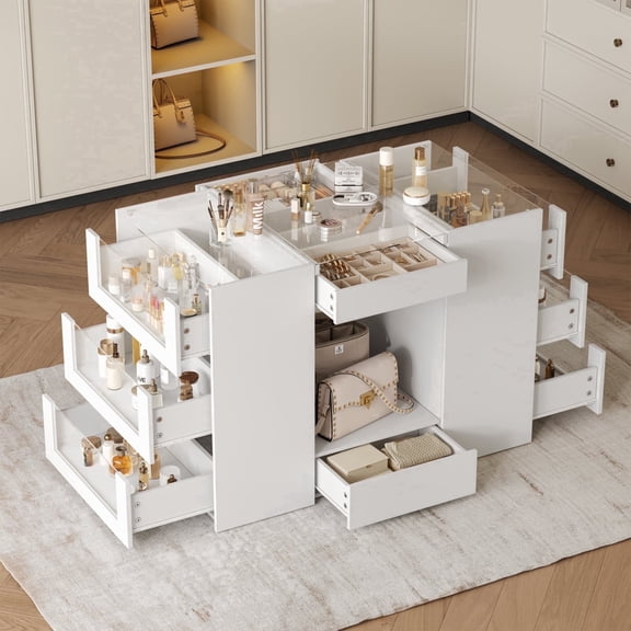 White Closet Island with 10 Drawers, Modern Jewelry Island for Closet with Glass Top & LED Light