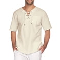 thumbnail image 1 of Camisa de playa holgada de cuello en V y manga corta con cordón para hombre - Tejido de lino, estilo retro informal, yoga/deporte, 1 of 6
