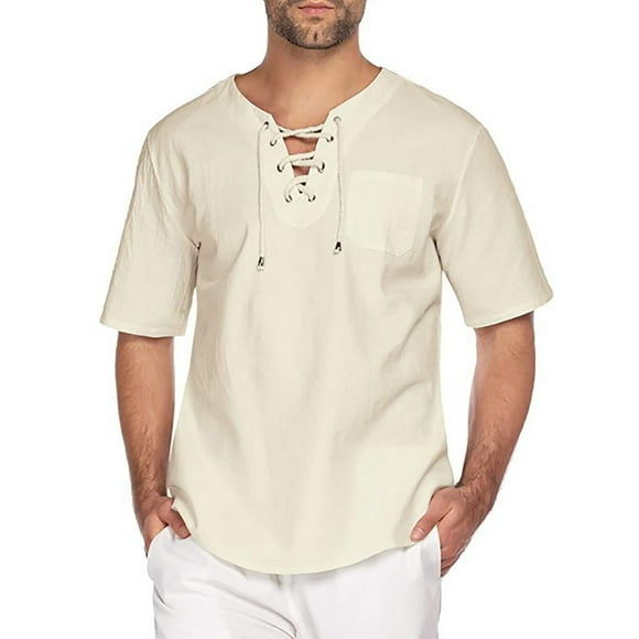 T-Shirts Amples à Manches Courtes Col en V avec Cordon de Serrage Rétro pour Hommes