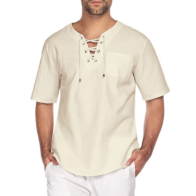 Camisa de playa holgada de cuello en V y manga corta con cordón para hombre - Tejido de lino, estilo retro informal, yoga/deporte
