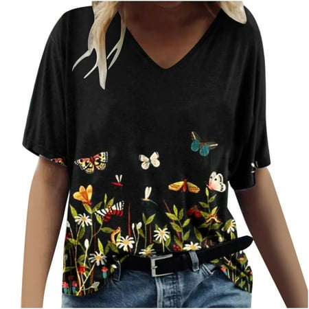 

Women Short Sleeve V Neck Graphic T-shirt Summer Vacation Tops Floral Print V neck Casual Tees Loose Comfy Boho Beach Shirts Trendy Blouse 2023