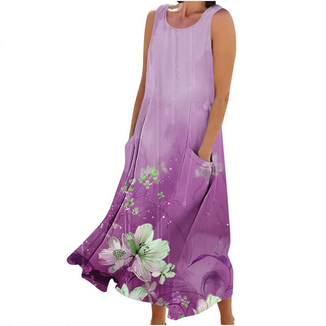 Birdeem Robe d'Été Aguichant pour Femmes Robe Longue Imprimée Sans Manches et en Lin Col Rond Robe d'Été Longue pour Femmes