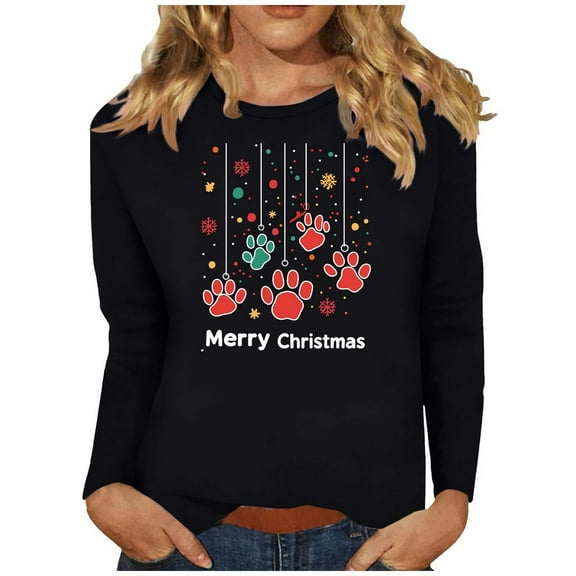 asdoklhq Christmas Long Sleeve Tops for Women Ladies' Christmas Printed Loose Casual Round Neck Long Sleeved T-shirt Base Shirt Pullover Top Black 3X