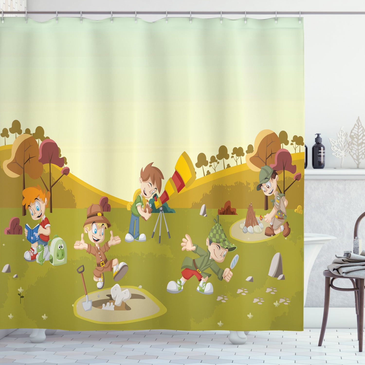 Boy Scout Shower Curtain, Group of Cartoon Explorer Boys on the Field