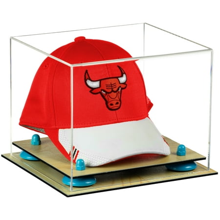 Acrylic Display Case Wood Base - Deluxe Clear Acrylic Basketball Hat or Cap Display Case with Blue Risers and Wood Base (A006-BLR)