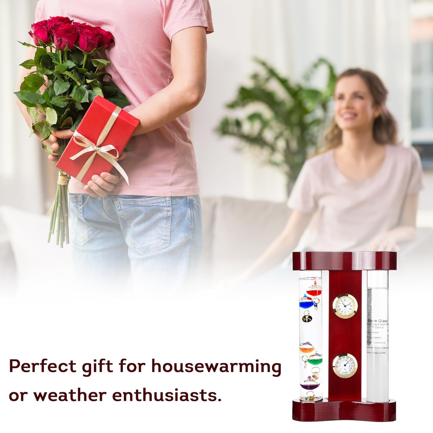 Analog Weather Station with Galileo Thermometer, Precision Quartz Clock & Hygrometer, Fitzroy Storm Glass, Gift for Friends and Family, Holiday Gift, Indoor & Outdoor Décor (7” x 4.4”)
