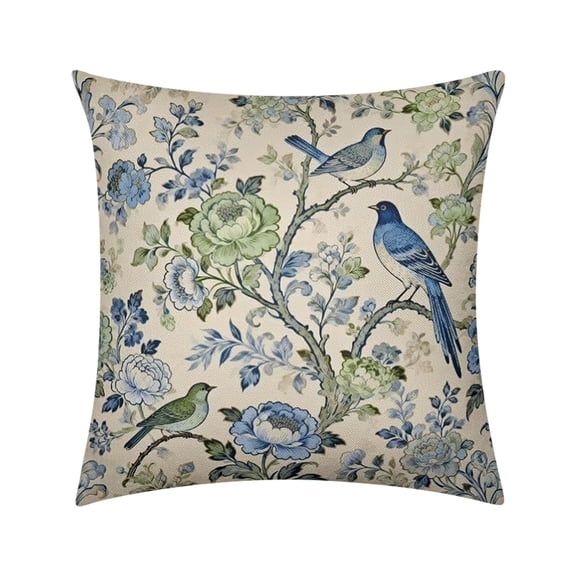 Blue Green Chinoiserie Pillow Covers 18x18 1PCS, Vintage Bird Floral Decorative Throw Pillowcases Flower Retro Outdoor Decoration Cushion Cases Rustic Farmhouse Home Decor for Sofa Couch Bed