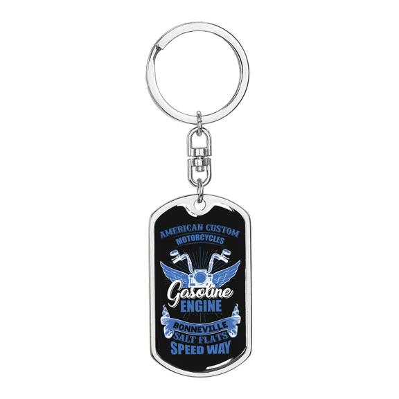 Gasoline Engine Biker Stainless Steel or 18k Gold Premium Swivel Dog Tag Keychain