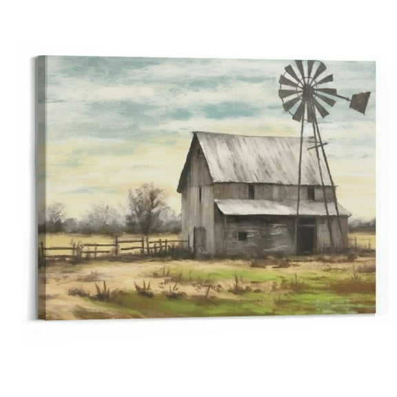 Shiartex  Old Barn Canvas Wall Art: Modern Bedroom Farmhouse Picture Rustic Country Landscape Print Living Room Farm Windmill Painting Rural Countryside Artwork for Home Office Decor 20x16 In