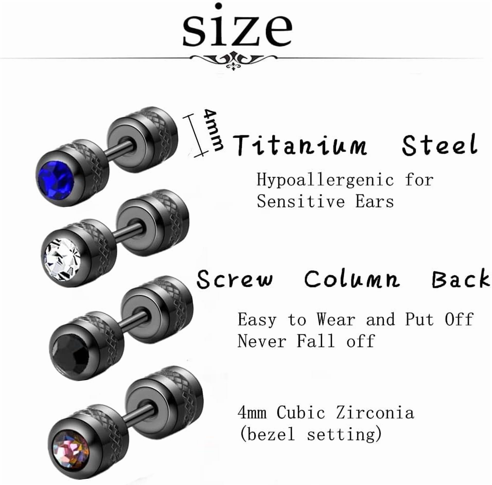 4 Top Pairs 20G Titanium Screw Back Surgical Stainless Steel Stud Earrings for Women Men,Rainbow 5A Cubic Zirconia Double Side Earrings Piercing Sleeper Studs Jewelry 4mm[p494]