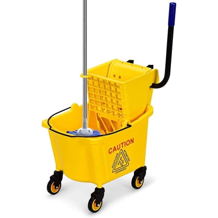 HJTER Mop Bucket with Wringer On Wheels, 26 Quart Capacity Portable Wringer Trolley on Wheels, Side Press Floor Cleaning Wavebrake w/Handle,Mop Bucket for Home, Commercial, Restaurants
