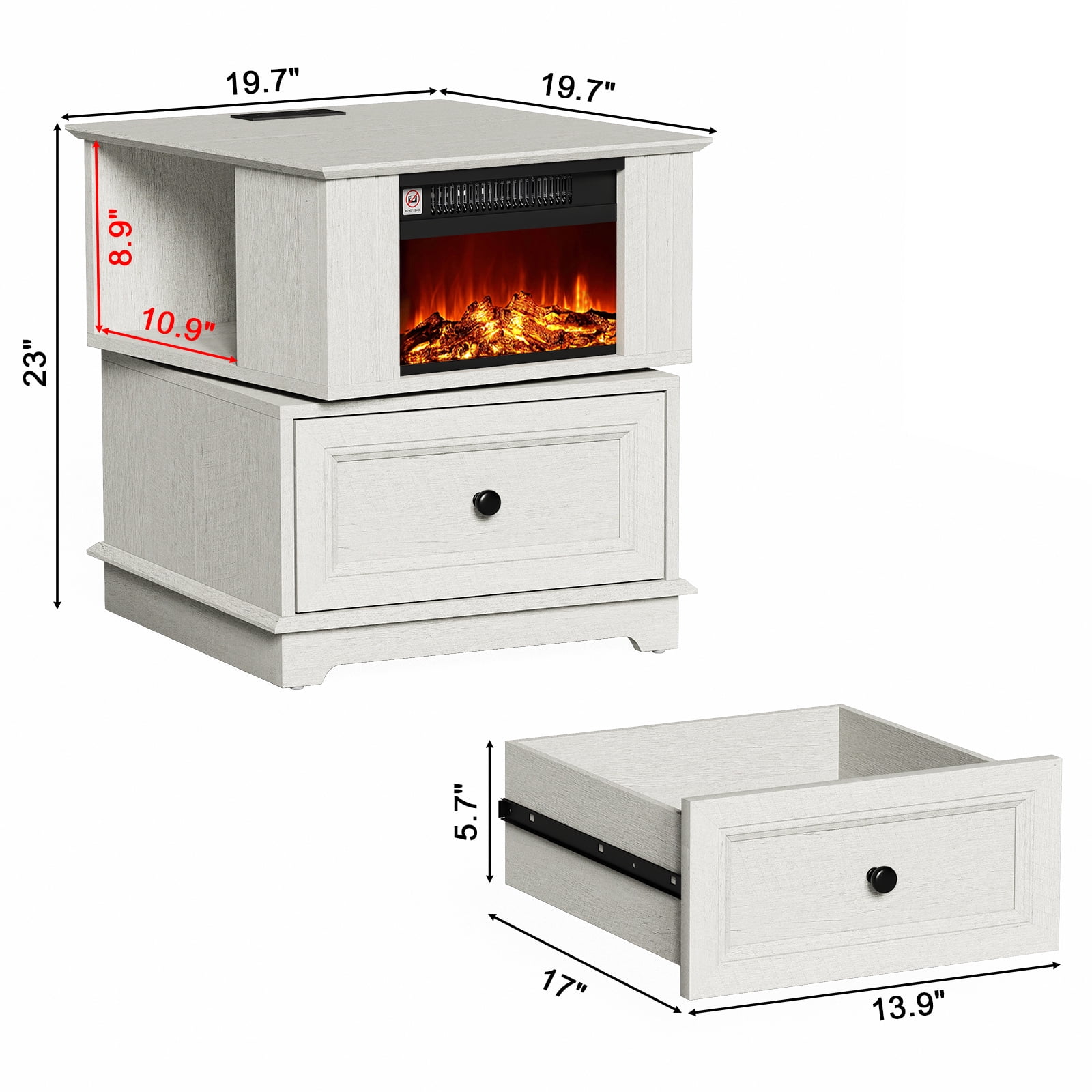 FAGAGA 19.7" Fireplace End Table with Charging Station, Rotating Square Side Table with Storage, Nightstand with Electric Fireplace Heater for Bedroom Living Room | White