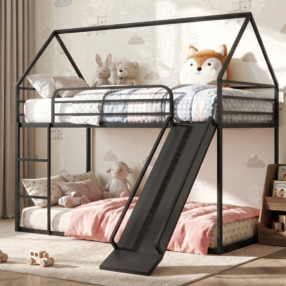 uiowio Twin over Twin Loft Bed with Convertible Slide, Floor Bunk Bed Frame with Stairs, Heavy Duty Metal Low Bed with House Shape and Roof, Black