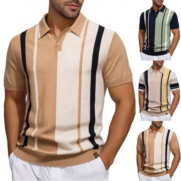GERsome Men's Short Sleeve T-Shirts Summer Collared V-Neck Vintage Striped Knitted Pullover Golf Shirts, Khaki Size L