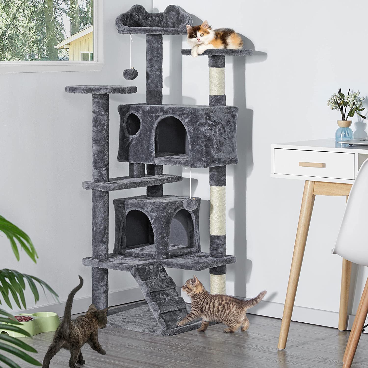 Cat Tree & Condo 54 inch Qualified Furniture Scratching Post Tower for Large & Kittens Pet House Play, Random Color Shipping