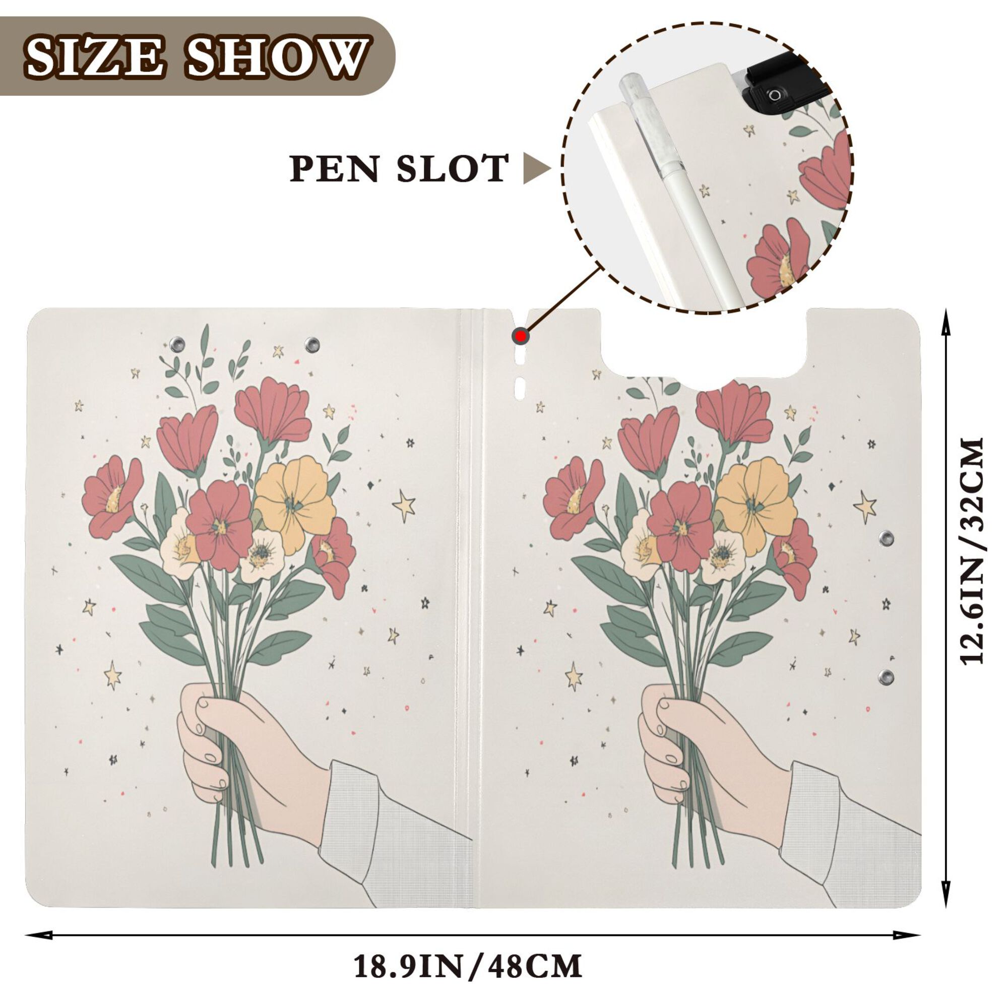 FORMRS A4 Clipboard Folder with Pen Holder Horizontal Foldable School Office Binder, Beige Cute Flower