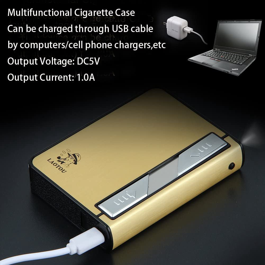 Moonwbak Cigarette Case Lighter, Multifunction Cigarette Box Holder USB Electric Rechargeable Cigar Lighter,Push Out Cigarette Holder with Electric Torch (Gold-Black)