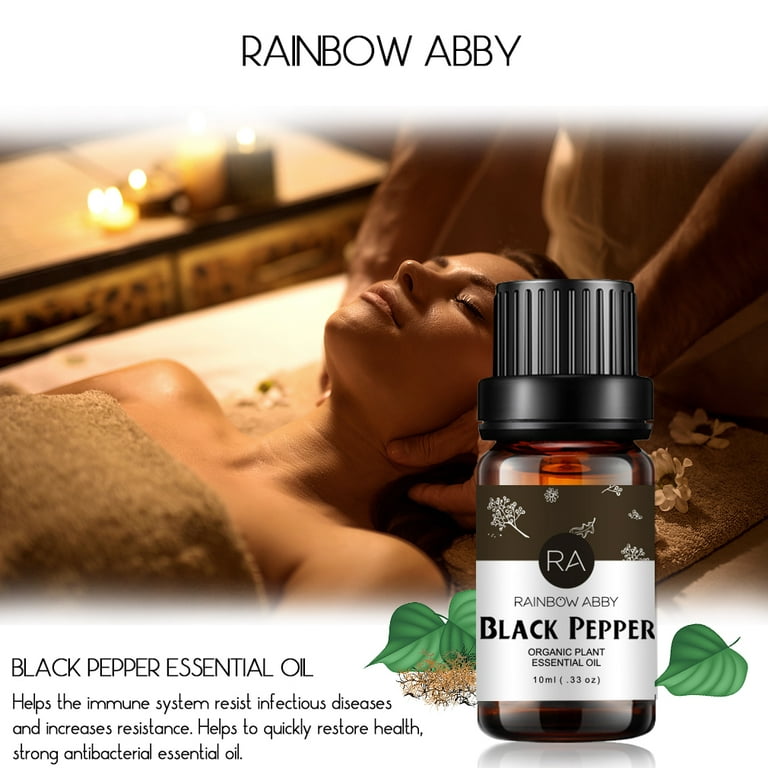 RAINBOW ABBY Black Pepper Essential Oil 100% Pure Organic Therapeutic Grade  Black Pepper Oil for Diffuser, Sleep, Perfume, Massage, Skin Care,  Aromatherapy, Bath - 10ML 