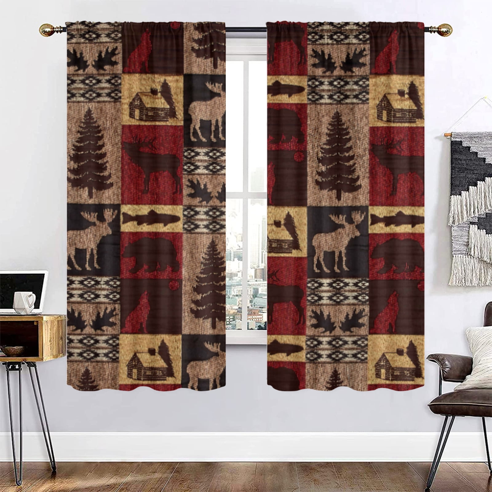 Rustic Cabin Blackout Curtains for Bedroom,Vintage Farmhouse Theme Curtains Moose Bear Elk Tree Plaid Room Darkening Window Curtains Rod Pocket Decor Window Drapes, 84x84 Inch