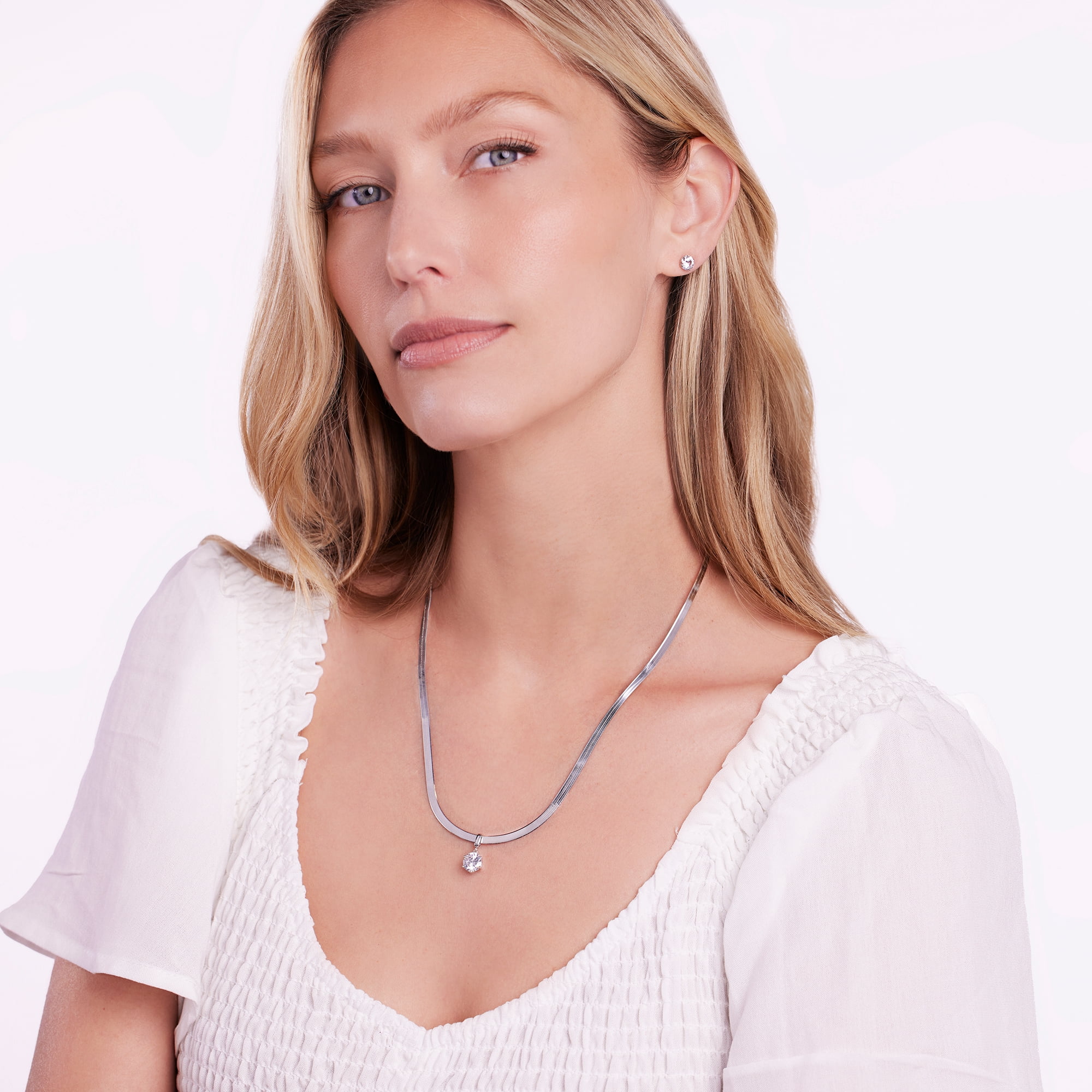 JTV White Cubic Zirconia Herringbone Chain Necklace, Platinum Over Sterling Silver, 2.97 ctw, 18 Inch