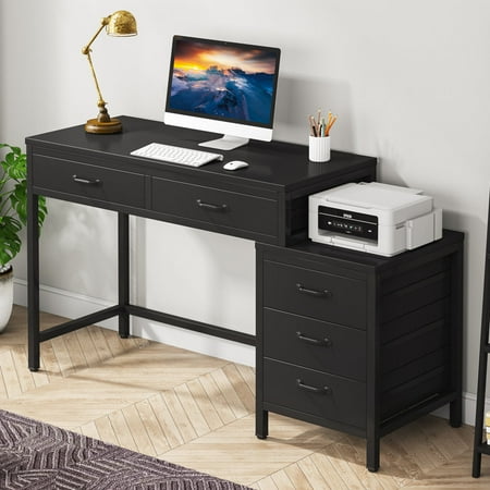 Tribesigns Computer Desk with 5 Drawers Home Office Desks with Reversible Drawer Cabinet Printer Stand Industrial PC Desk with Storage Rustic Study Writing Table Workstation for Small Spaces