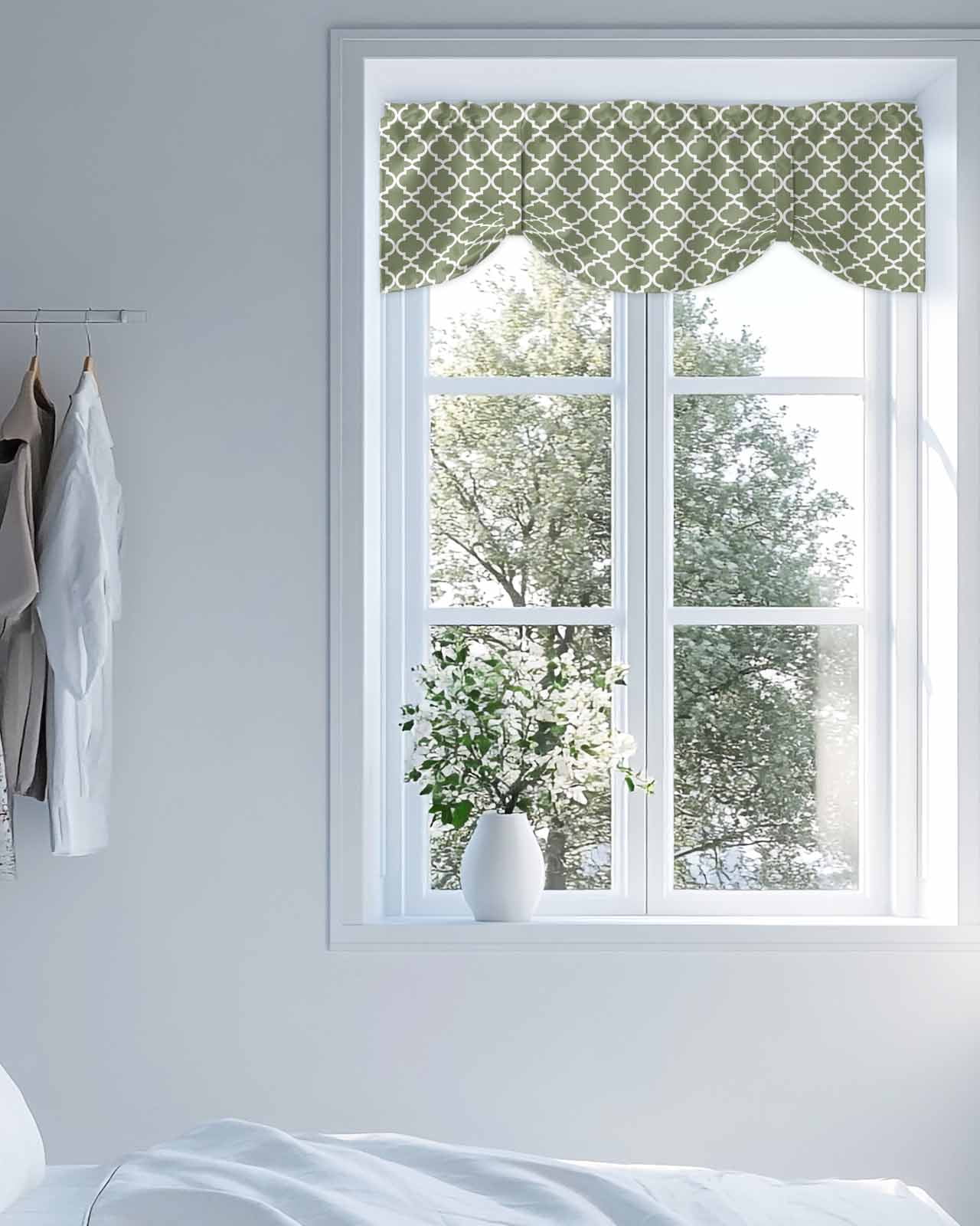 Moroccan Tie Up Valances Curtain, Adjustable Kitchen Moss Green Geometric Valances for Windows Decor, Rod Pocket Short Curtains Set for Bedroom/Bathroom, 60"x18"