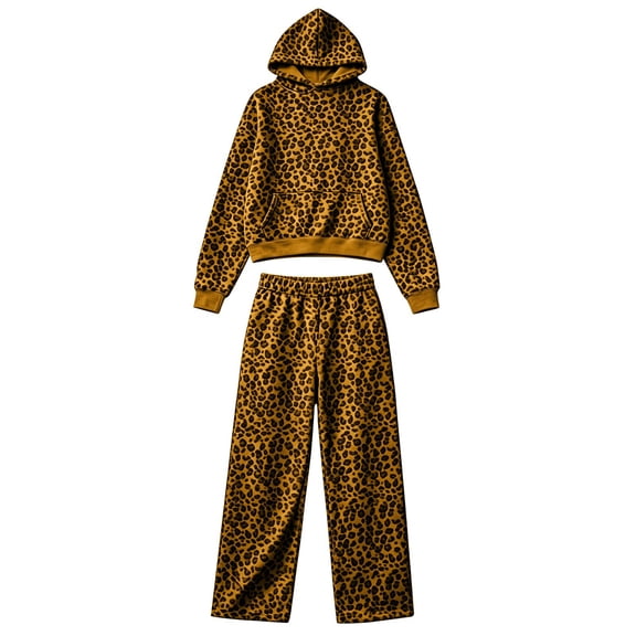 Women Leopard Print 2‑Piece Outfit Pullover Hooded Sweatshirt Wide Leg Pants Matching Loungewear Pant Set Casual Tracksuit S‑XXXL