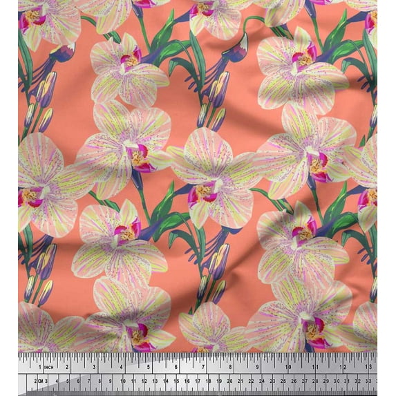 Soimoi Rayon Fabric Leaves & Orchids Floral Print Fabric by The Yard 56 Inch Wide