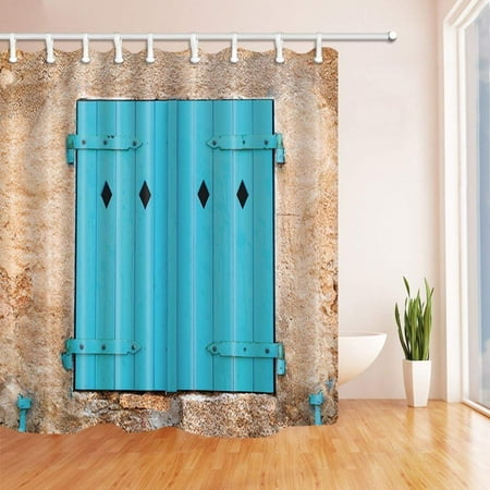 Wooden Shutters For Patio Doors ARTJIA Shutters Azure Wooden Door in Brick Wall in Village Polyester Fabric Bath Curtain, Bathroom Shower Curtain 66x72 inches ()