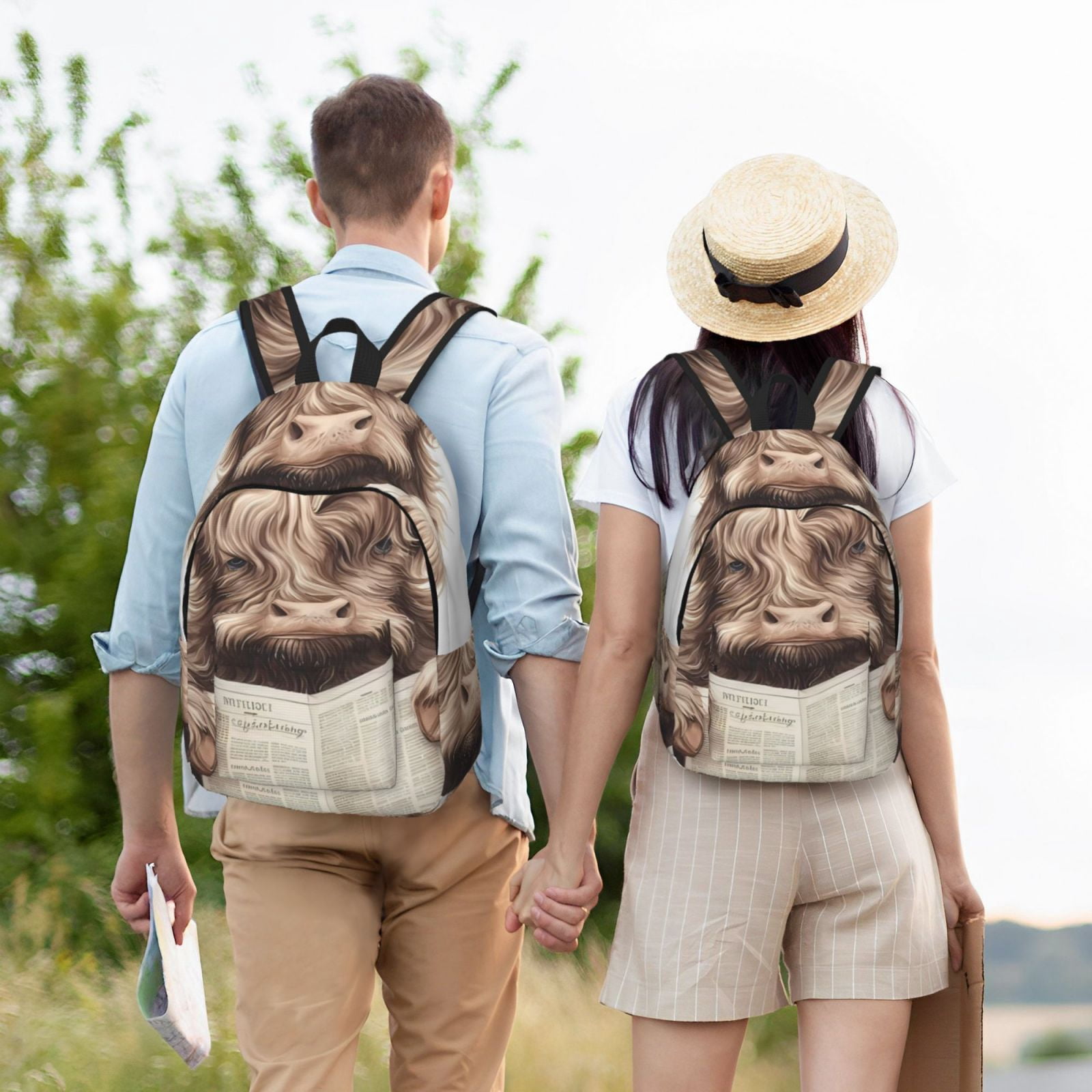 Picia Relaxed Cute Cow Reading Printed Canvas Daypack - Stylish and Durable Vintage Compact Backpack - Class, Work, Travel, or Laptop Bookbag,Organized Compartments-Small