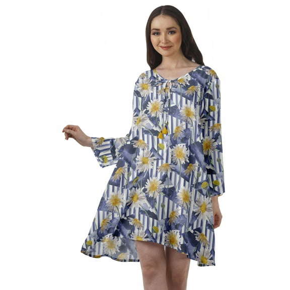 Moomaya Rayon Flared Dress For Womens Long Sleeve Printed V-Neck Casual Beach Dress For Girls